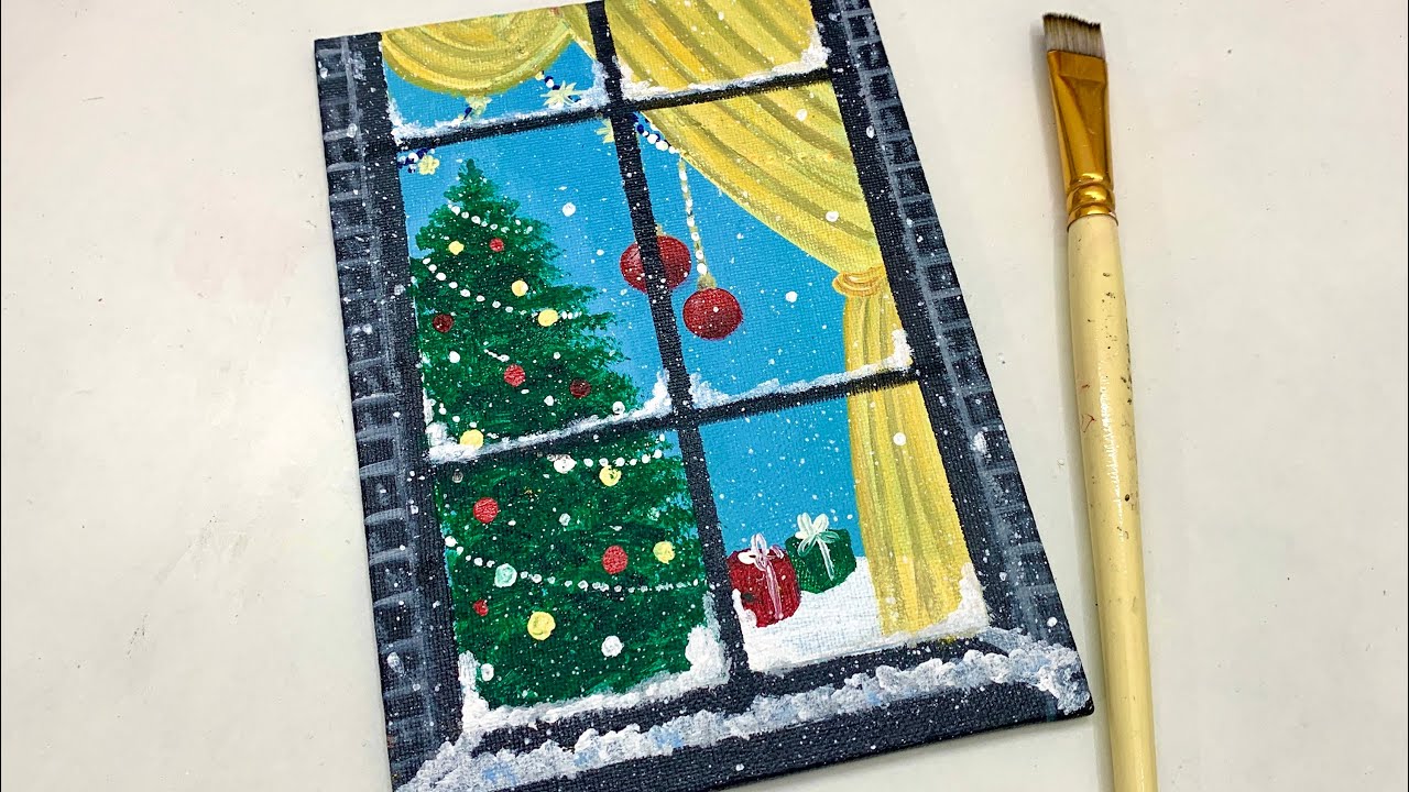 Christmas Tree Through Window  Acrylic Painting for Beginners