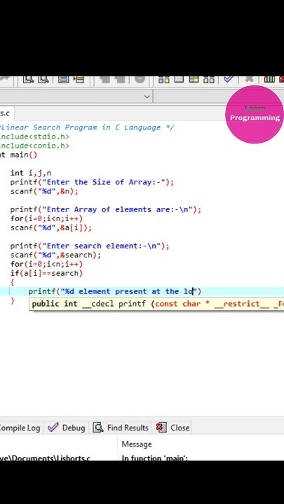 LINEAR SEARCH Program in C Language #shorts - YouTube