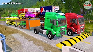 Double Flatbed Trailer Truck cars vs rails tractor vs train cars vs bollards Beamng Drive 328