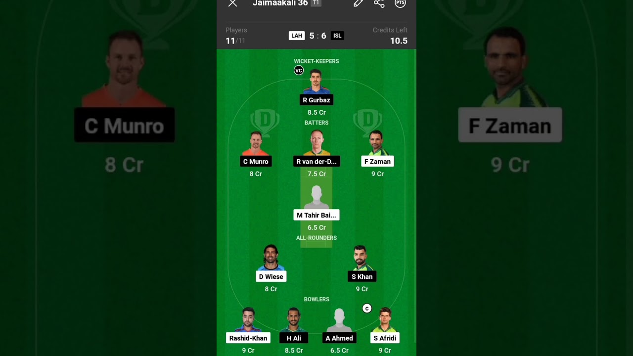 Lah vs isl dream 11 team 