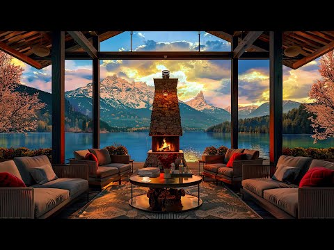 Relaxing Piano Jazz Music for Work, Study & Focus | Cozy Spring Lake Ambience with Fireplace Sounds
