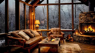 Winter Day in Cozy Cabin Ambience with Slow Jazz Music  Fireplace Sounds & Howling Wind for Relax