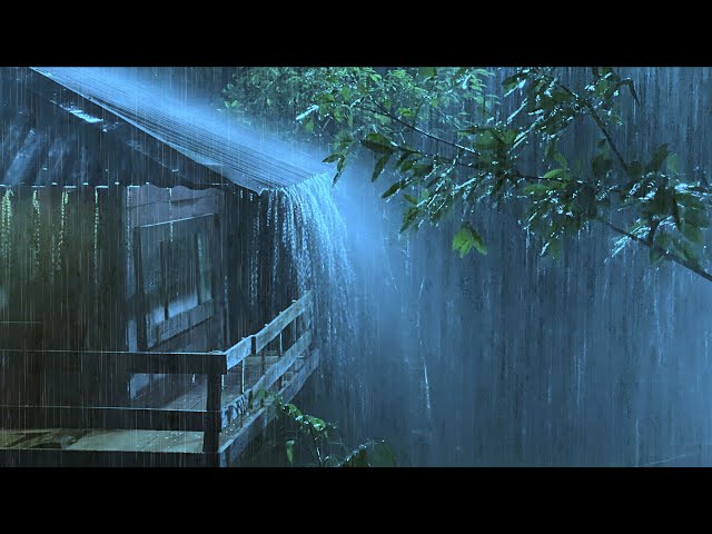 Goodbye Stress to Sleep Instantly with Heavy Rain u0026 Thunder on Old Metal Roof in Rainforest at Night class=