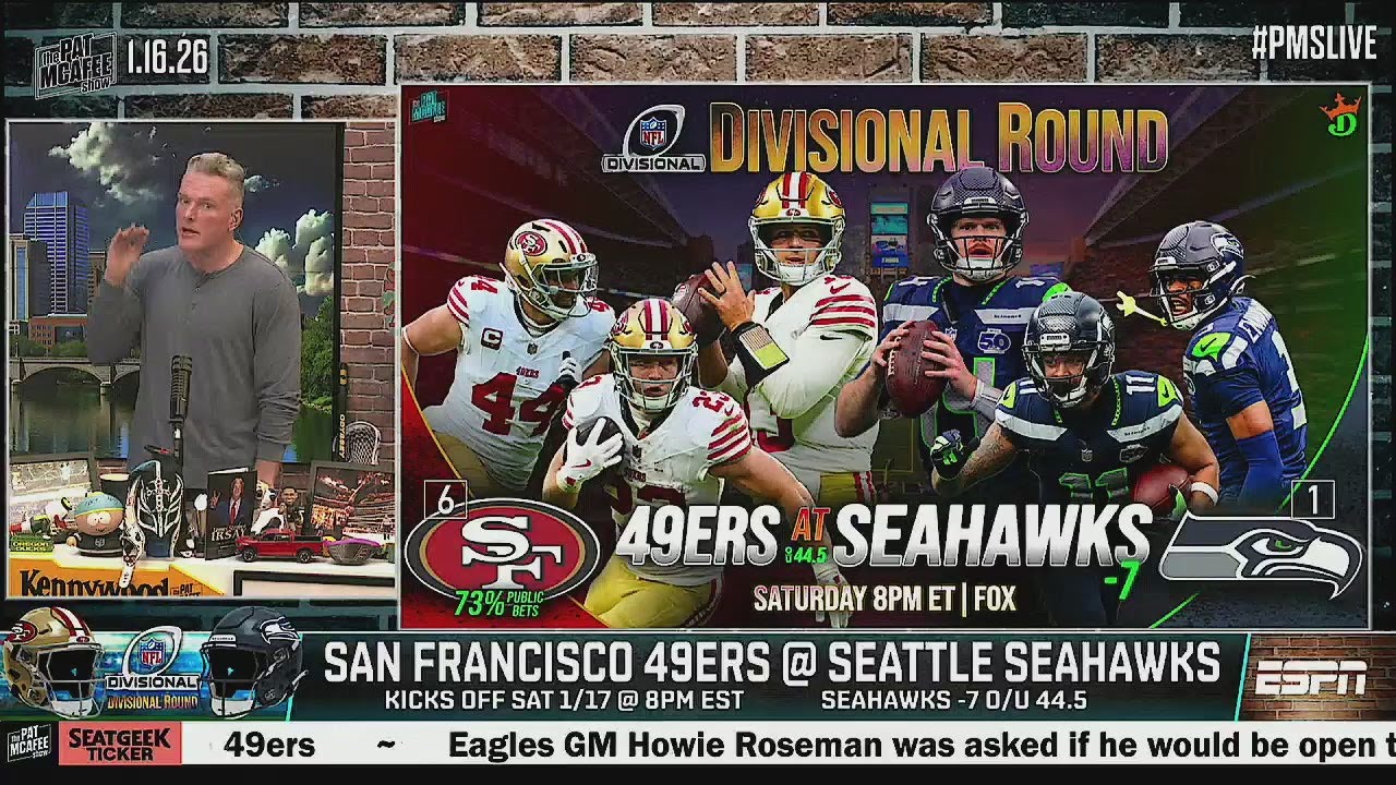 Pat McAfee breaks DIV Round: 49ers over Seahawks, Texans-Patriots, Rams over Bears, Bills-Broncos