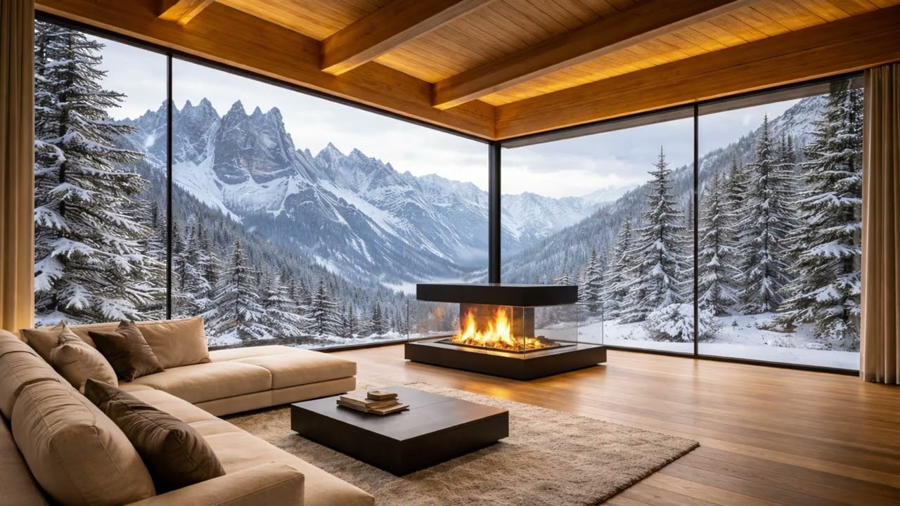 Snowy Mountain Retreat ❄️ Modern Glass Cabin Fireplace Ambience (4K)