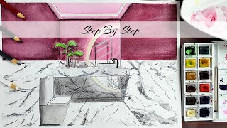 How to Draw A Bathroom in One Point Perspective | Step By Step