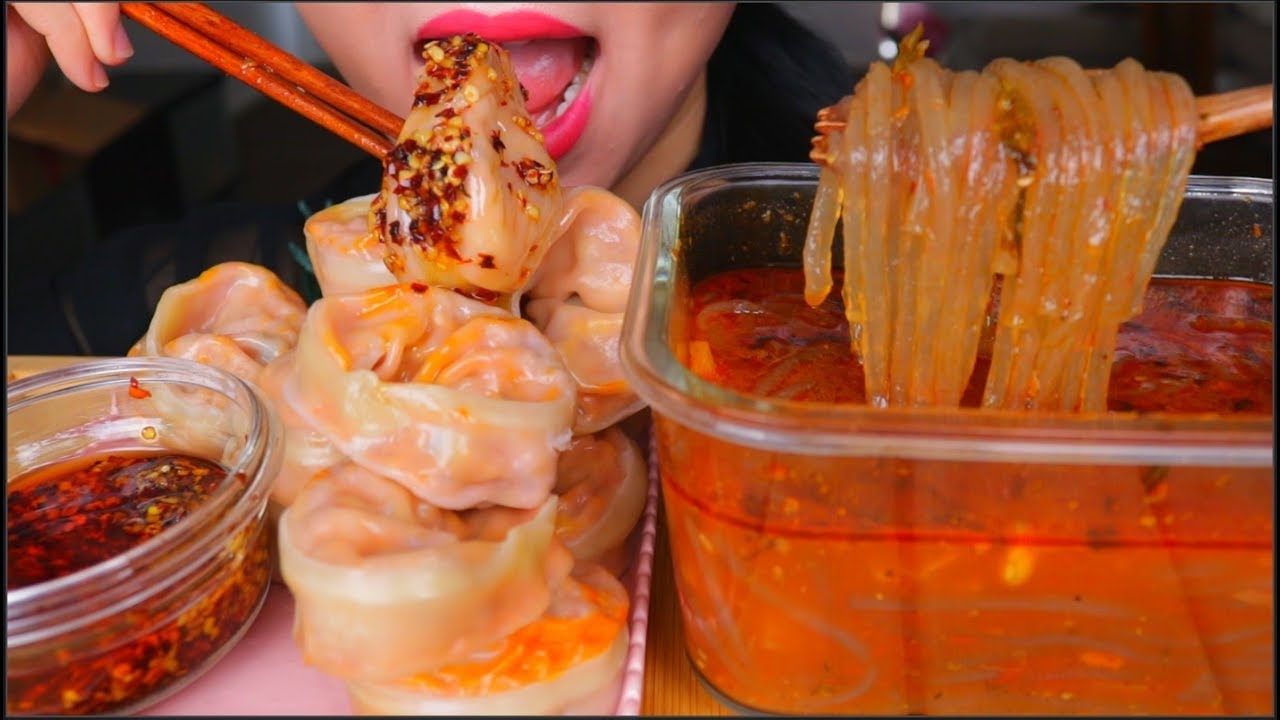 ASMR SOUR SPICY SWEET POTATO NOODLES 酸辣面  | KIMCHI DUMPLINGS | CHILLI OIL | EATING SOUNDS | LYCHEE