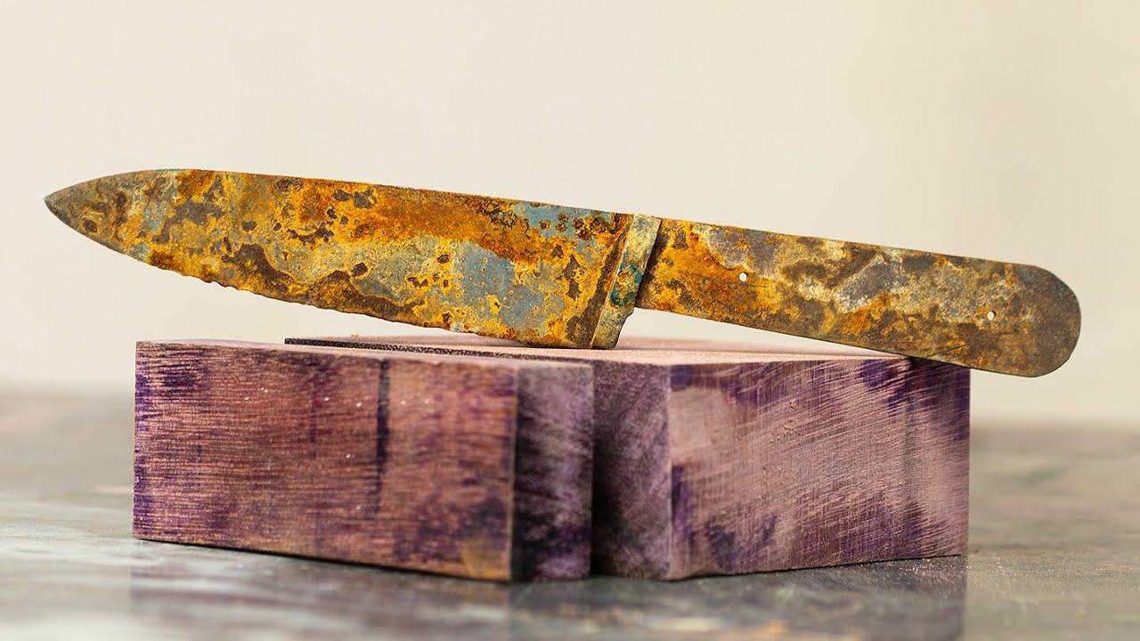 Rusty Knife Restoration With Amazing Purpleheart wood 💜 YouTube