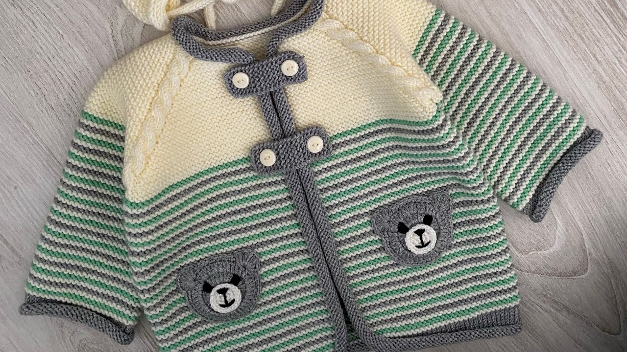 Renk geçişli,kenar lastikleri kıvrımlı (rulo patlı ayıcık figürlü)kol ajur burgu hırka #babycardigan