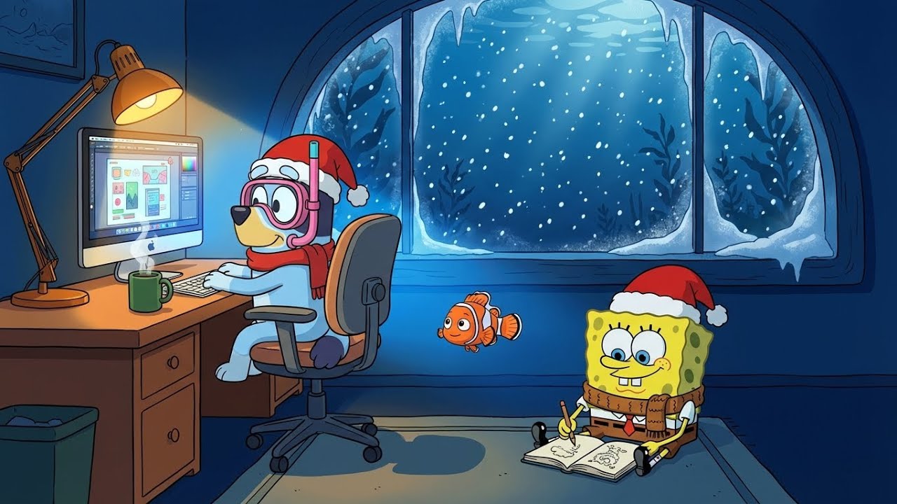 Bluey Winter Night Study Lofi 💻📚 Calm Focus Beats in a Cozy Underwater Workspace