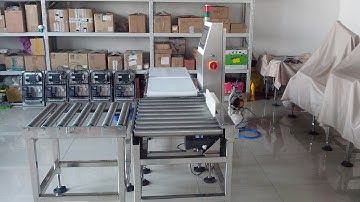 zegoo inline carton checkweigher with roller conveyor pusher rejector