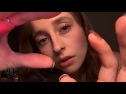 ASMR gentle, soothing and comforting whispers (face touching, hand movements and background rain)
