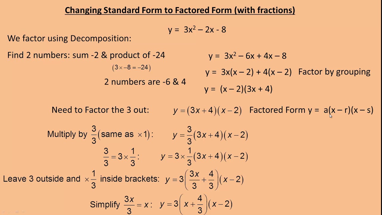 Changing Standard Form To Factored Form With Fractions Youtube