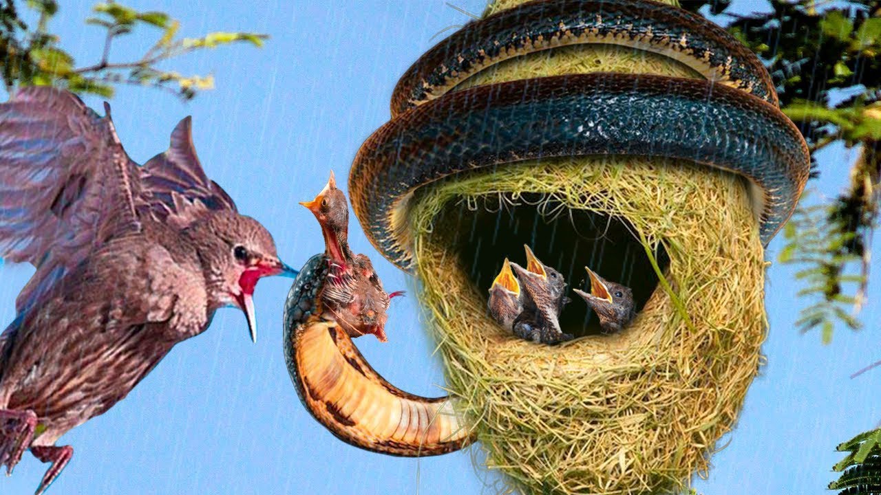 Snake Stealing Adorable Baby Bird From The Nest, Mother Bird Goes Crazy To Protect Her Baby