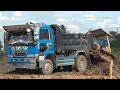 Loading dump truck with mini excavator bulldozer working