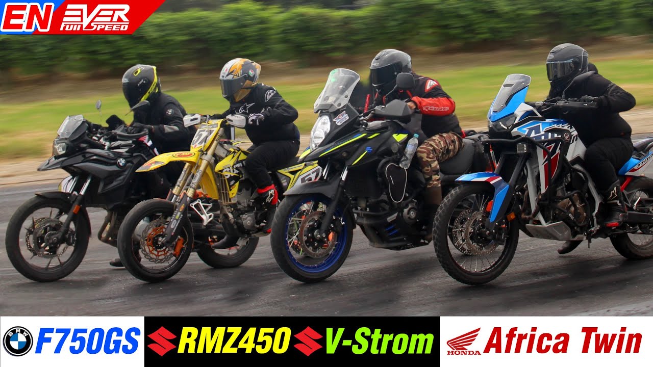 Trail Bikes DRAG RACING 🔥 BMW F750GS 🆚 Suzuki RMZ 450 🆚 V-Strom 650 🆚 Africa Twin 🔥 Track Times 2023