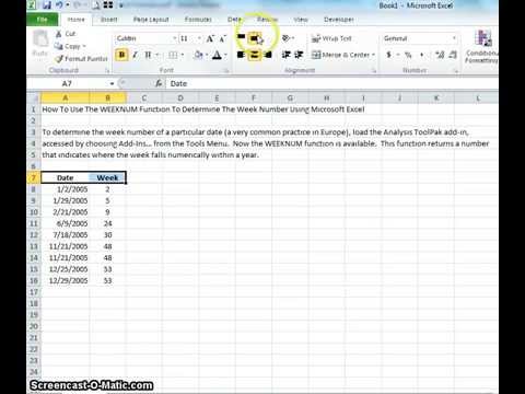 week number formula excel