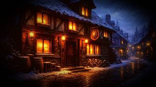 Medieval Tavern Courtyard Ambience | Winter Night Snow | 2 Hours