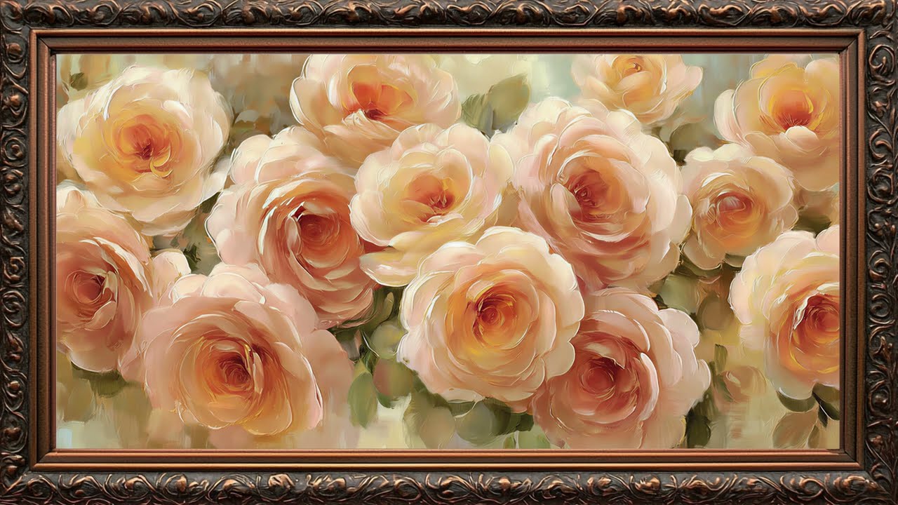 Luxurious Wall Art Of Soft Flowers Painting | FRAME TV ART | Frame TV ART | Golden Framed Art