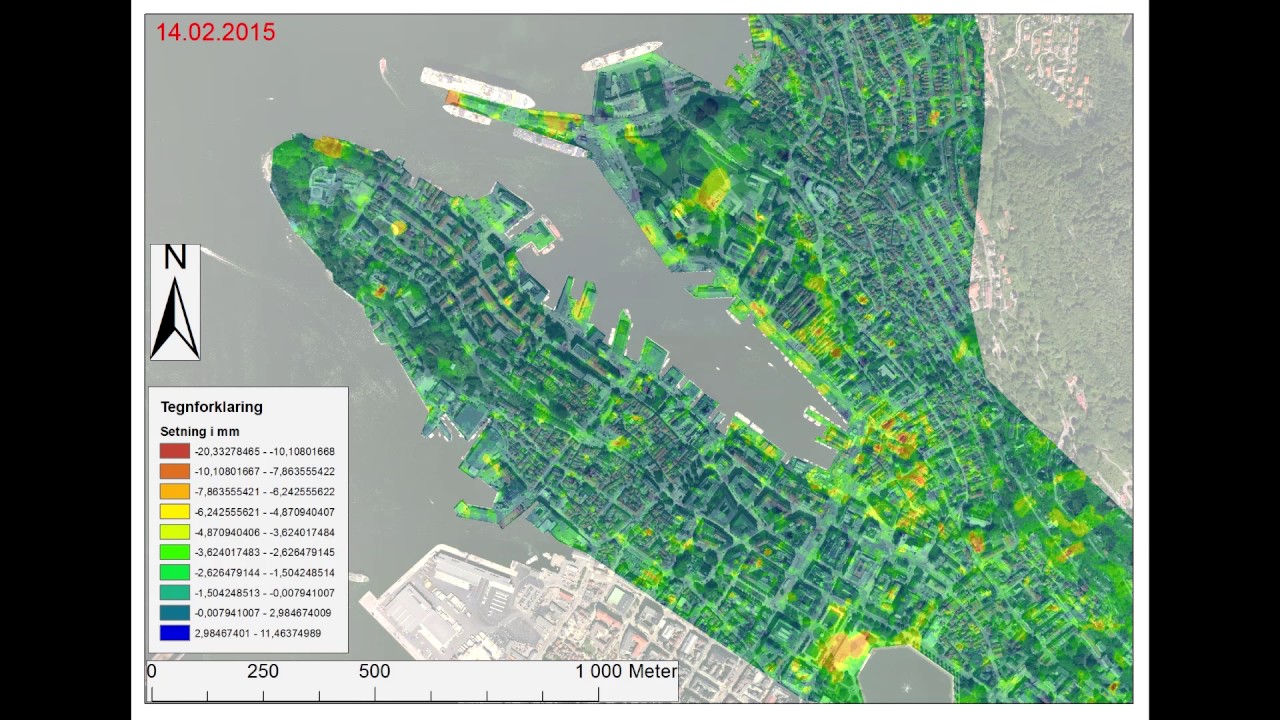 Surface deformation in Bergen, Norway observed by satellite radar interferometry (inSAR).
