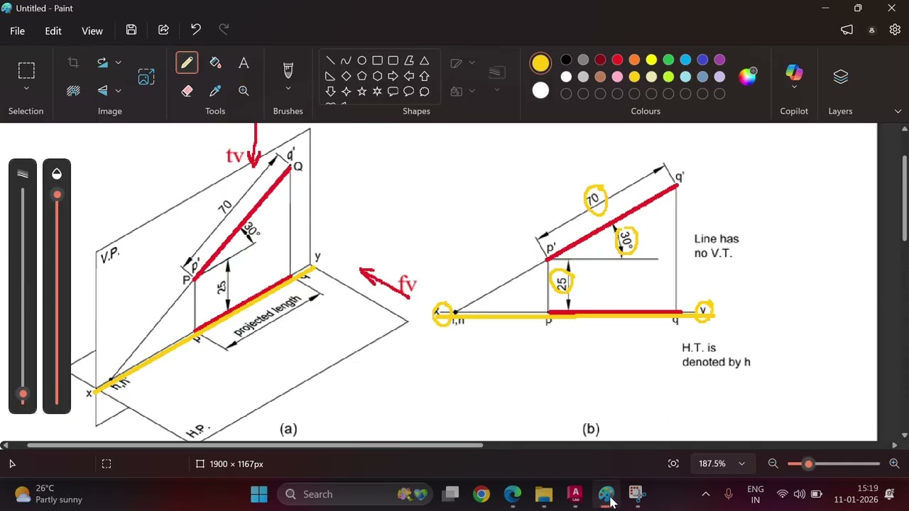 Line PQ, situated in the V.P. and inclined at 30° to the H.P.