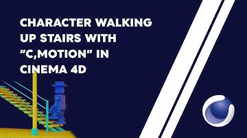 Character walking up stairs with "CMOTION" in Cinema 4D