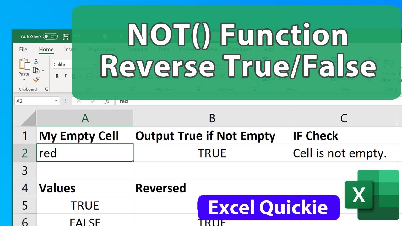 NOT() Function in Excel – Reversing True/False