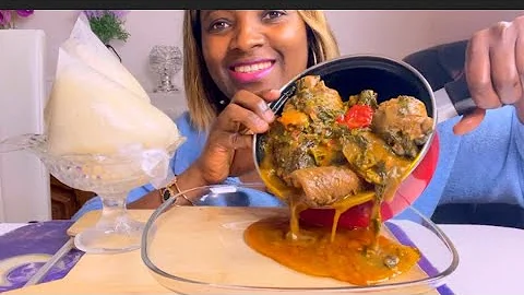 ASMR Fufu with vegetable pepper soup Assorted +cow skin +Turkey neck mukbang eating show no talking