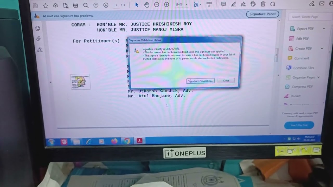 document PDF not valid signature Adobe acrobat valid signature setting