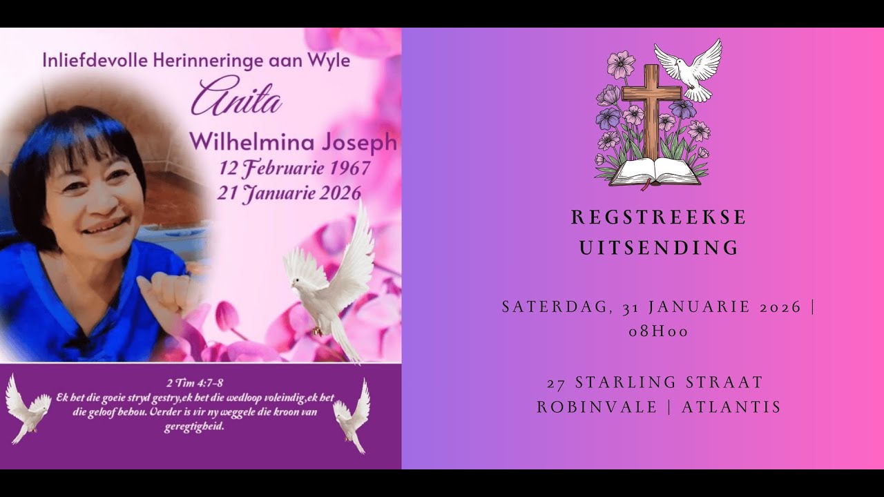 UITSENDING - DIE LEWENSVIERING VAN ANITA WILHELMINA JOSEPH - SATERDAG, 31 JANUARIE 2026 OM 08H00