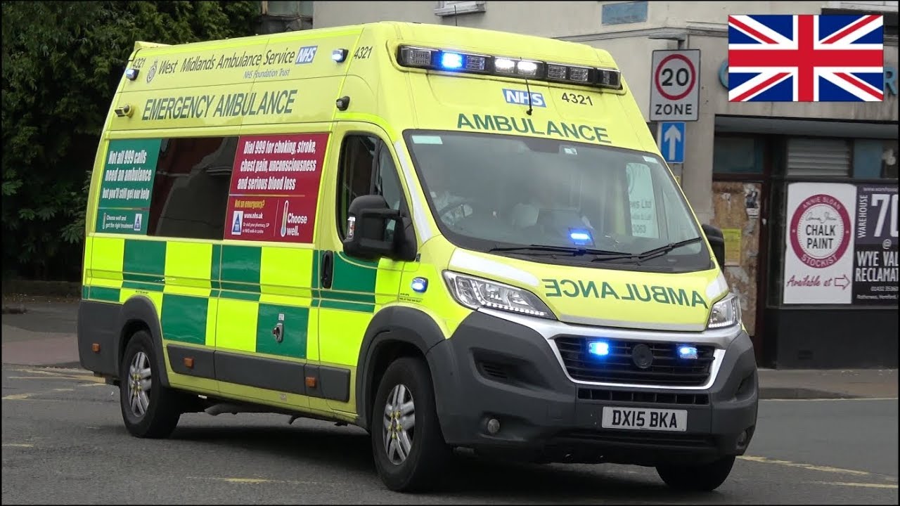 West Midlands ambulance responding and transporting with siren and