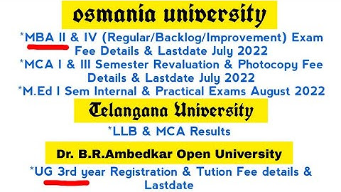 MBA II & IV Sem Regular & Backlog Exam Fee & Last Date | OU | UG 3rd year Registration Fee | BRAOU