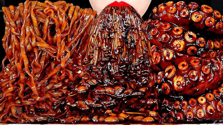 ASMR BLACK BEAN NOODLES SPICY ENOKI MUSHROOMS OCTOPUS MUKBANG EATING SOUNDS #asmr #mukbang #noodles 
