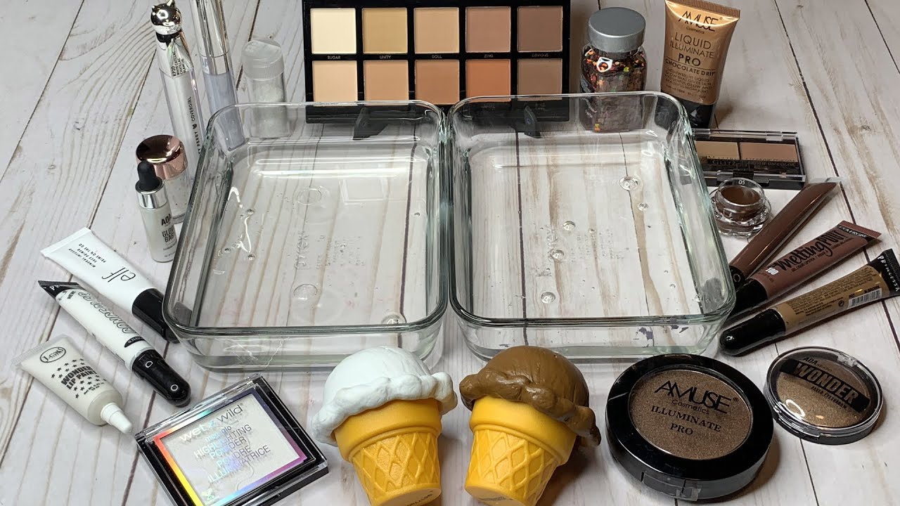 White vs Brown - Mixing Makeup into Clear Slime - Makeup Slime Destruction Video ASMR