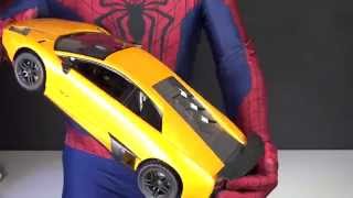 REAL LIFE SUPER HERO Spiderman unboxes yellow Lamborghini Murcielago 1:10 Scale RC Sport racing car