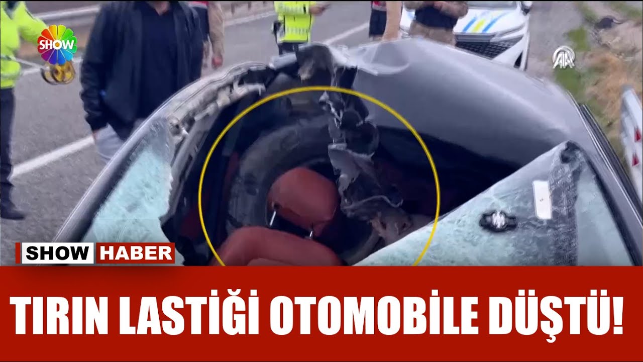 Seyir halindeki tır lastiği otomobilin üstüne düştü!