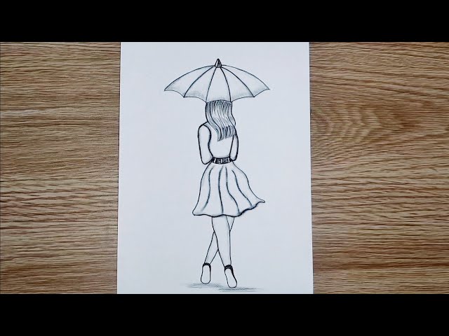 Hand writing of girl holding umbrella outline illustration Stock Vector  Image & Art - Alamy