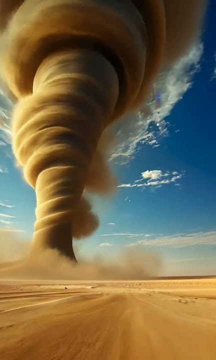 a massive sandstorm tornado spirals through the dry, desolate desert.