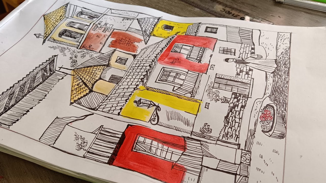 Pen sketch of city/painting for beginners 