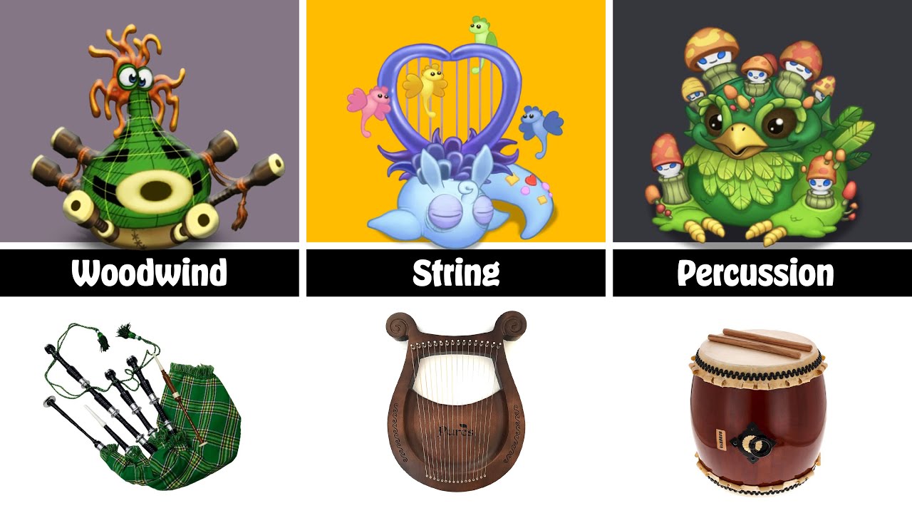 Percussion, String, Brass and Woodwind Instrument Monsters in MSM (My Singing Monsters)