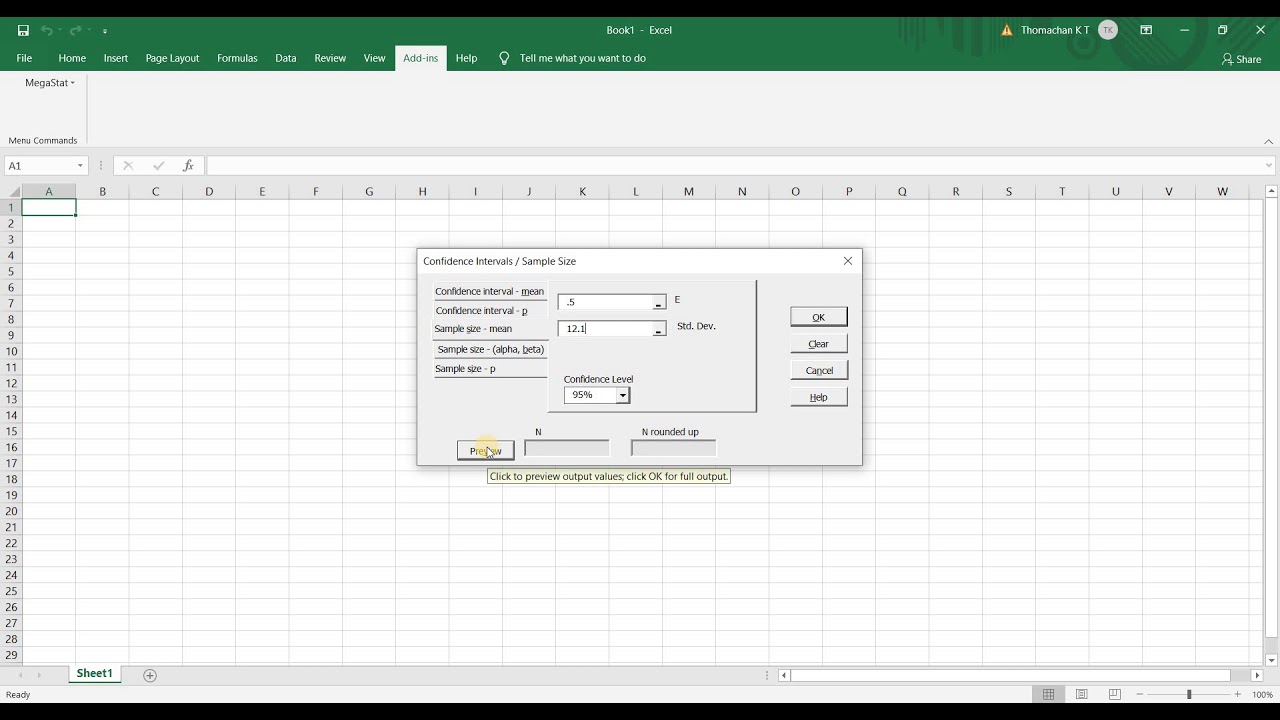 Excel and Megastat8: Sample size for population mean