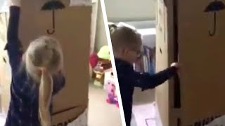 少女は部屋の中で巨大な箱を見つける。母親は開封時の娘の感動的な反応を撮影