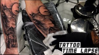 Wolf with moon Tattoo Time Lapse | Inkaddiction Bank Sittichai