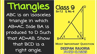 ABC is an isosceles triangle in which AB=AC.Side BA is produced to D Such that AD=AB.Show BCD is 90°