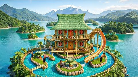 90 Days Building a Bamboo Wooden House with a Pool on a Desert Island Using Primitive Tools