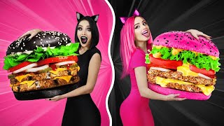 ONE COLOR FOOD CHALLENGE! Eating only PINK FOOD vs BLACK FOOD All Day! Taste Test by RATATA BOOM