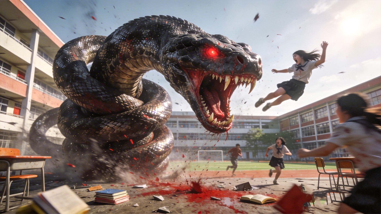 【灾难恐怖大片】史前巨蟒复活闯进校园！美女学生被卷到天上吃掉！【巨蛇闯女校】