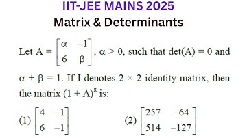 IIT-JEE MAINS 2025 APRIL//det(A)=0 and α+β=1.If I denotes identity matrix then the matrix (1+A)^8 is