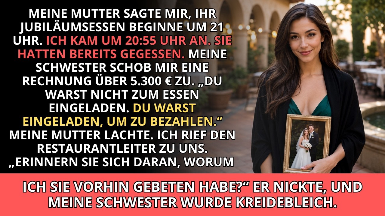 „Du wurdest nicht zum Abendessen eingeladen. Du wurdest eingeladen, um zu bezahlen.“ Meine Schwester grinste nicht einmal, als sie das sagte, während zwölf Leute um den Tisch saßen und der Kellner...