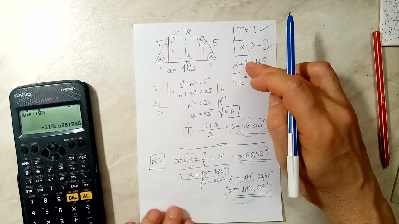 Szimmetrikus trapéz területe, szögei. (23.6.19.-4) (videótár link a leírásban)